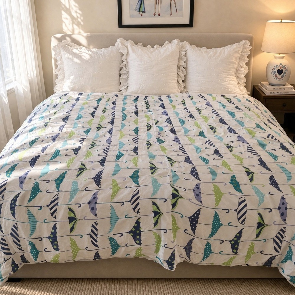 Garnet Hill Let It Rain Umbrella Print Duvet‎ Cover Double Queen Cotton Percale
